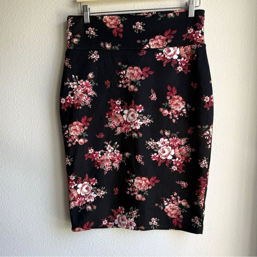 No Comment Women Black Floral NY LA Large Stretch Womens Pencil Skirt Romantic